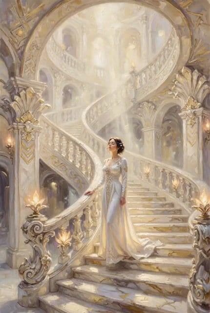 Woman on an endless staircase in baroque and deco architecture — cover