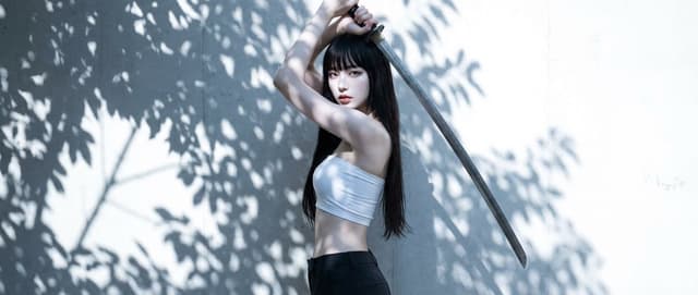 High-Contrast Japanese Beauty Portrait with Katana Pose — output