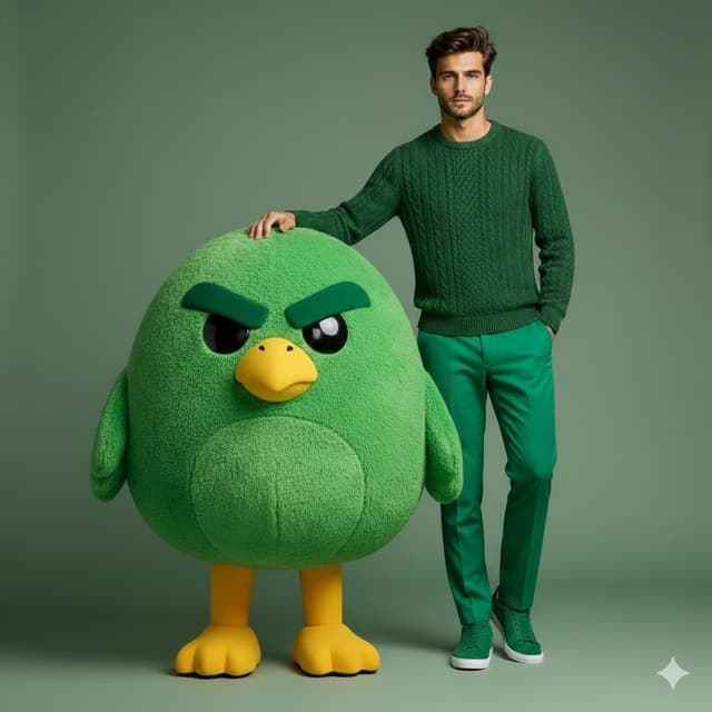 High-end fashion portrait with plush cartoon mascot — output