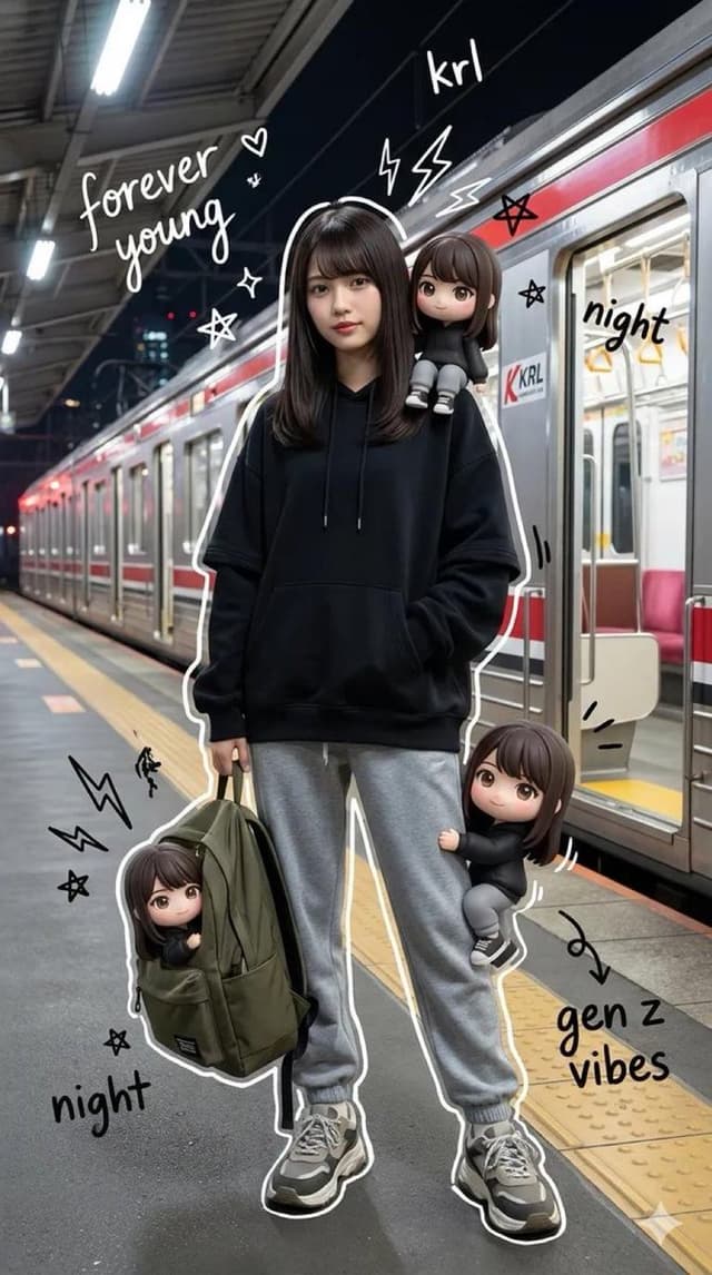 Mixed Media Portrait of Gen Z Teenager with Chibi Companions — output