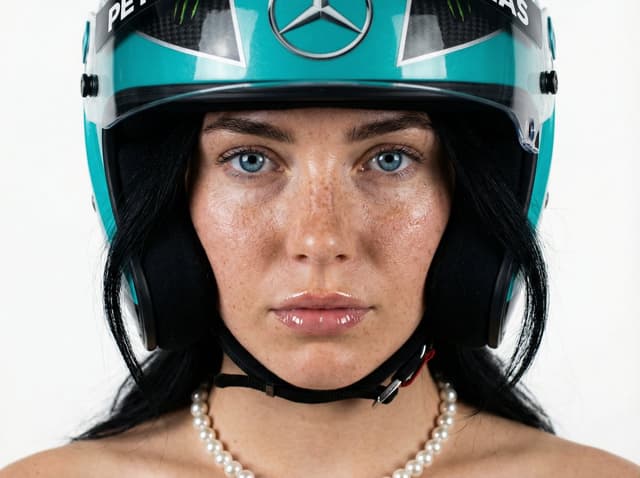 Product Marketing - F1 Heiress Editorial Portrait with Racing Helmet and Pearls — output