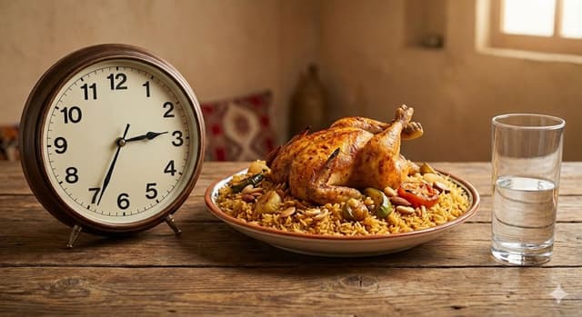 Analog clock and Saudi kabsa meal still life — output