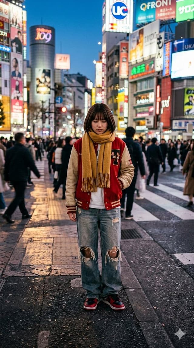 Poster / Flyer - Photorealistic Street Photo Prompt: Vintage Fashion Girl in Shibuya — output
