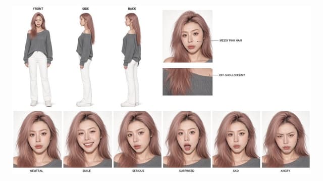 Comic / Storyboard - Pink-Haired Character Reference Sheet — output