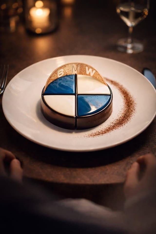 Fine-Dining Dessert Photography of a BMW Logo Mousse Cake — output