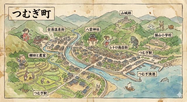 Hand-drawn map of a fictional Japanese town — output