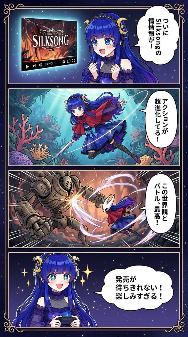 Silksong 4-panel comic from uploaded character — output