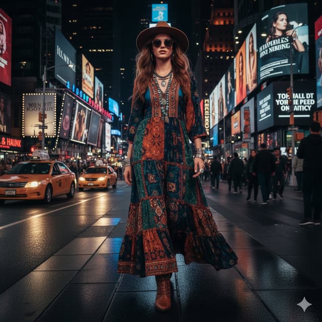 Ultra-realistic cinematic western fashion in Times Square prompt — output