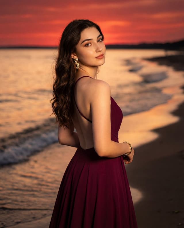 Photorealistic Portrait of a Woman in an Evening Dress at Sunset Beach — output