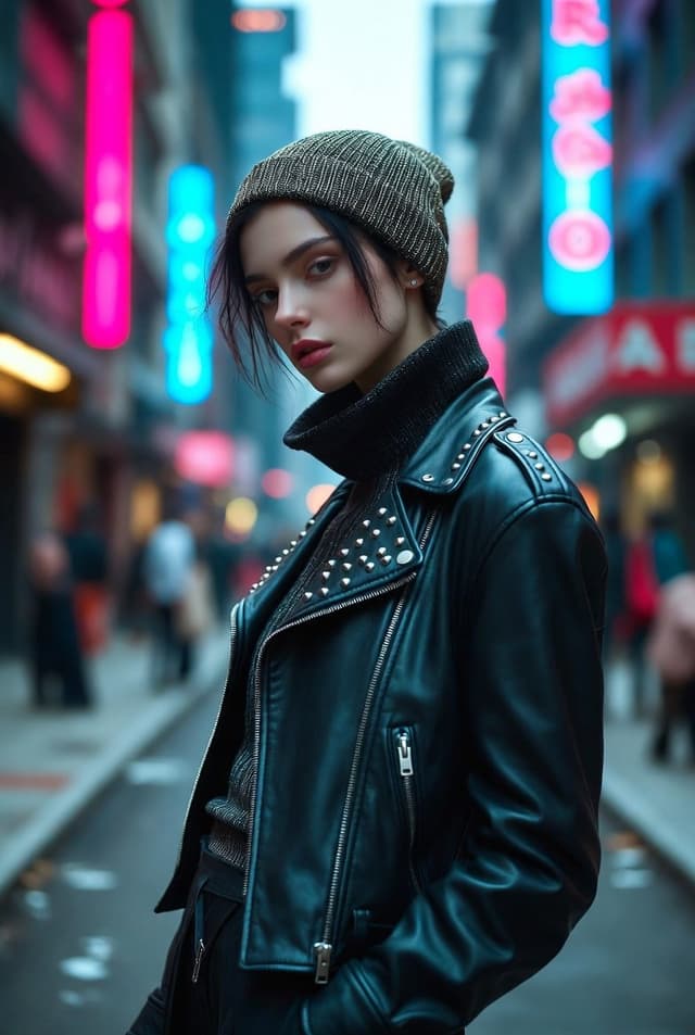 Hyper-realistic portrait of a young woman in street style at night — output
