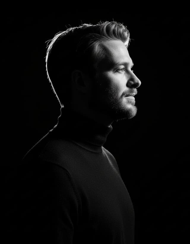 High-contrast rim-lit black and white conceptual side-profile portrait — output