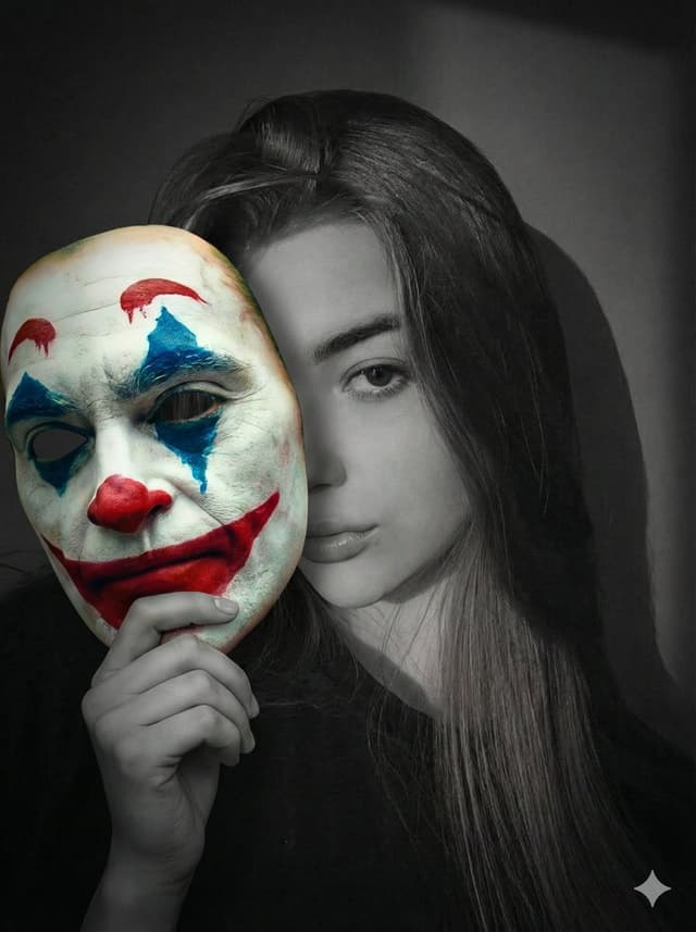 Cinematic Portrait Prompt: Grayscale Subject with Colorful Joker Mask — output