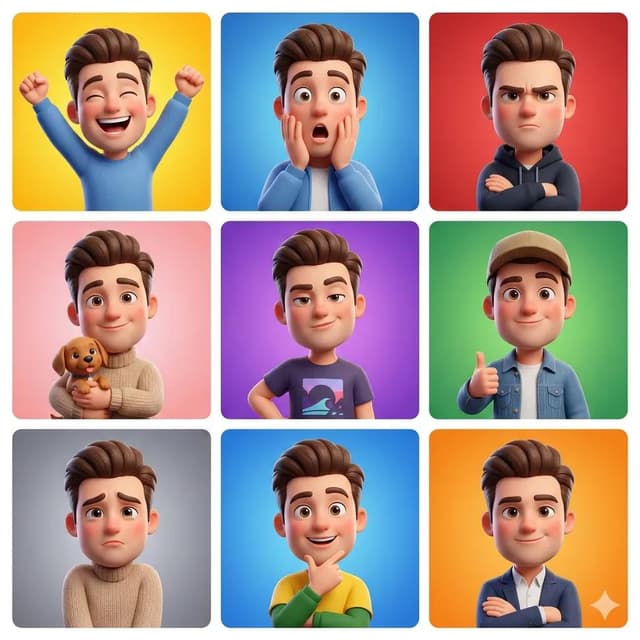 Game Asset - 3D Cartoon Avatar Character Grid Prompt (Pixar Style) — output
