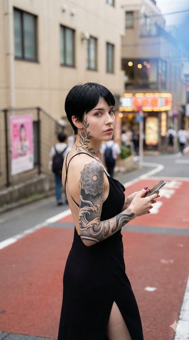 Product Marketing - Photorealistic Snapshot of a Woman with Tattoos in a Japanese Urban Setting — output