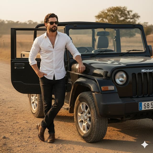Cinematic Jeep Driver Portrait Prompt with Face Match — output