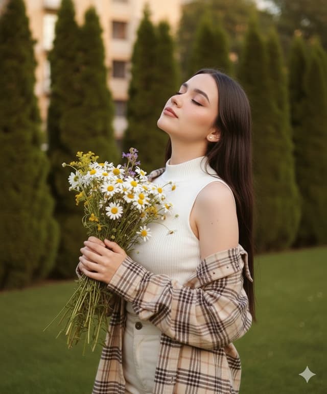 Dreamy Cinematic Portrait with Wild Bouquet in Golden Hour — output
