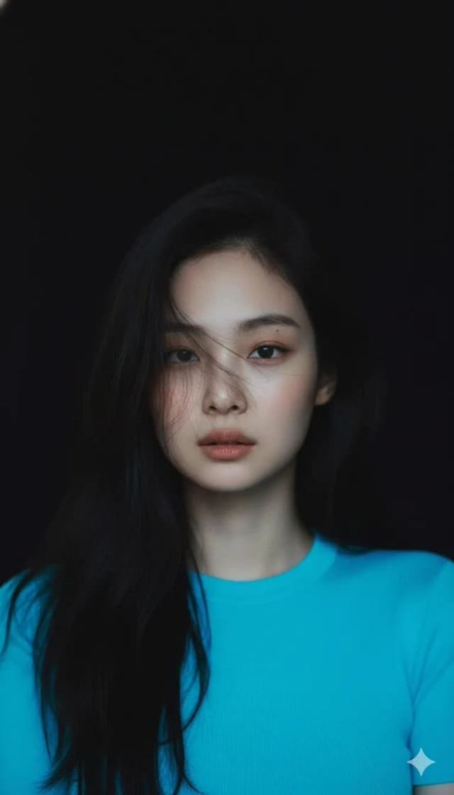 Moody Cinematic Portrait with Neon Blue Top — output