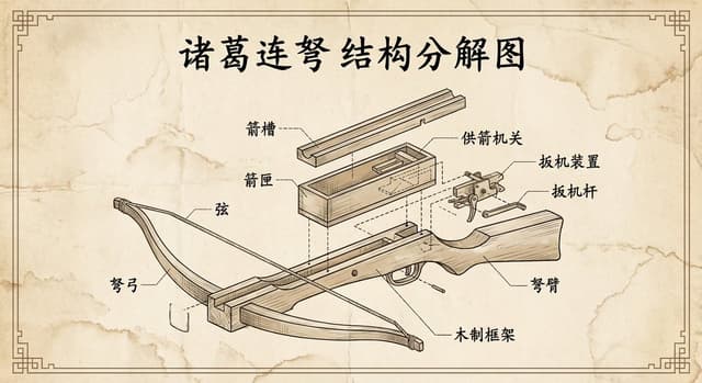 Vintage engineering exploded view of Zhuge repeating crossbow — output