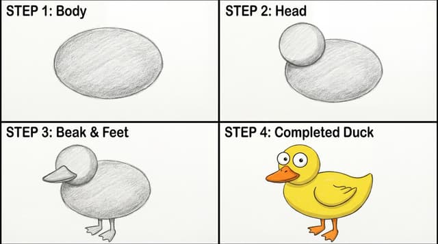 Four-Panel Guide for Drawing a Cartoon Duck — output