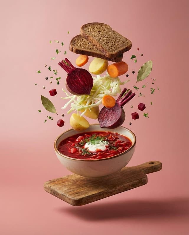 Surreal Levitation Food Photography of Traditional Beet Soup (Borscht) — output