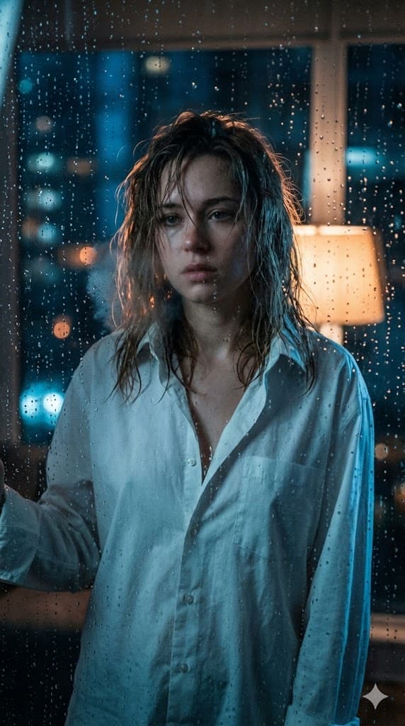 Cinematic Voyeuristic Portrait through Rain-Streaked Window — output
