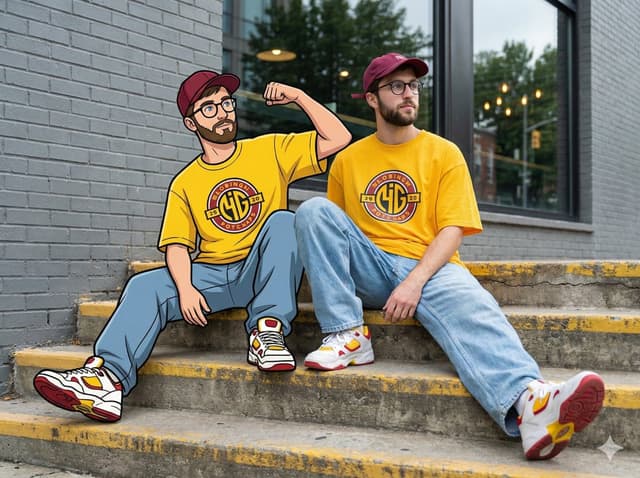 Mixed-Reality Street Portrait (Real Person with Cartoon Twin) — output