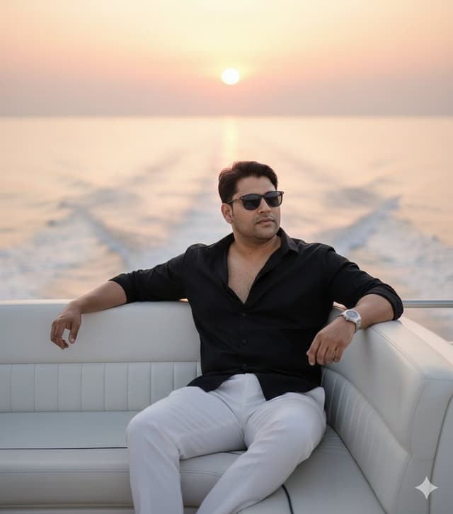 Ultra-realistic cinematic portrait on a luxury yacht at sunset — output