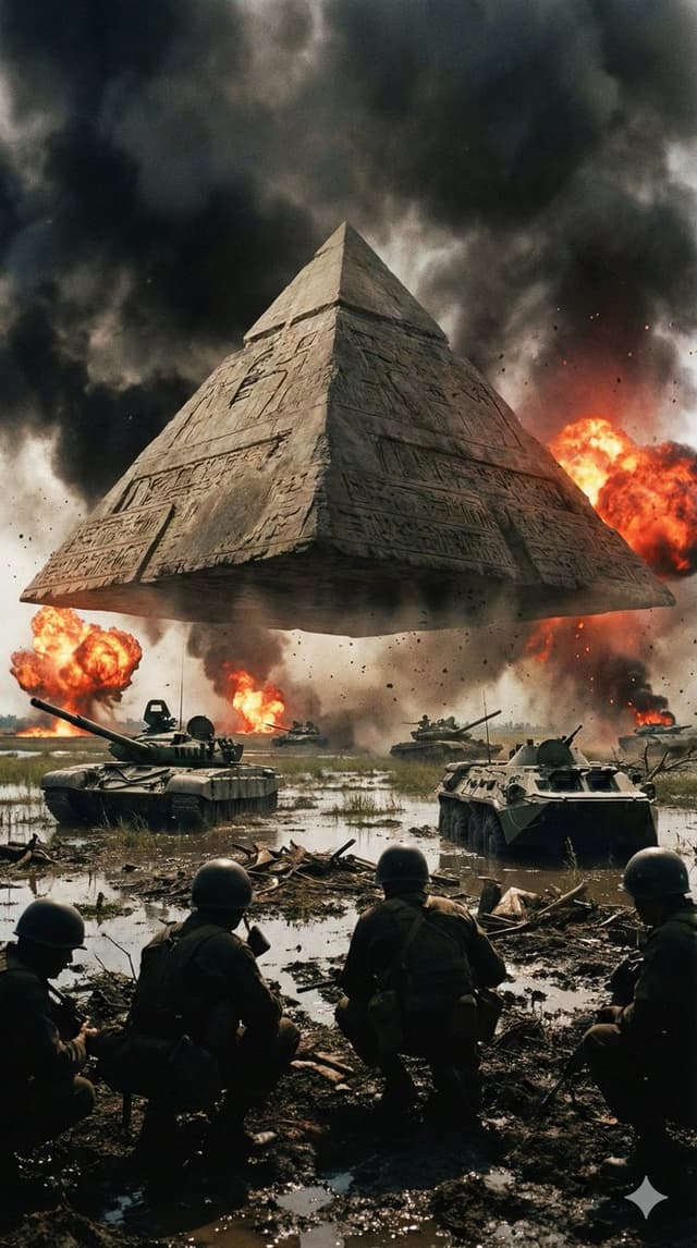 Ancient Pyramid Floating Over a Modern Battlefield — output
