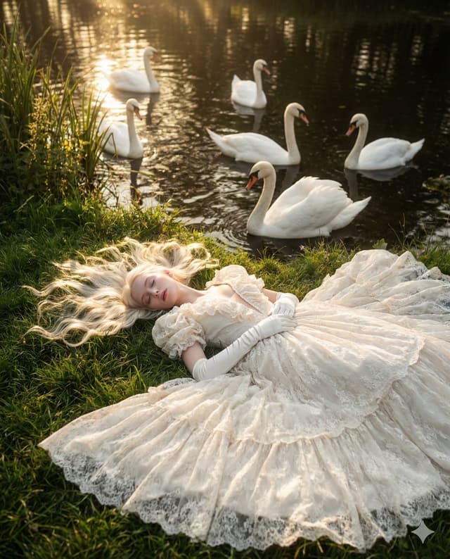 Ethereal Fantasy Portrait with Swans and Golden Hour Light — output