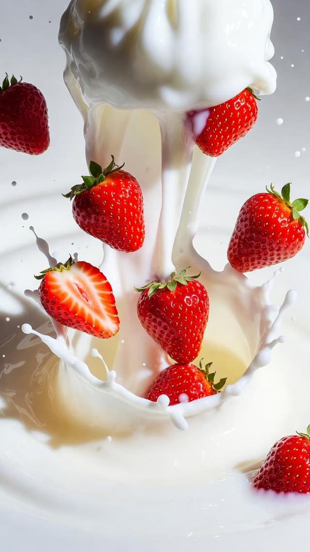 Macro Shot of Strawberries Falling into Milk — output