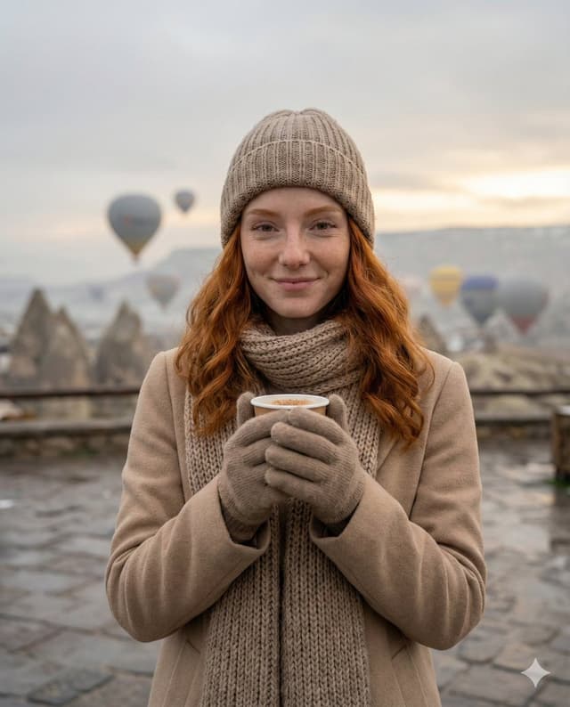 Social Media Post - Cozy Winter Travel Photo in Cappadocia with Hot Air Balloons — output