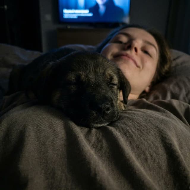 Extreme Close-up Puppy Selfie Prompt (Low Light) — output