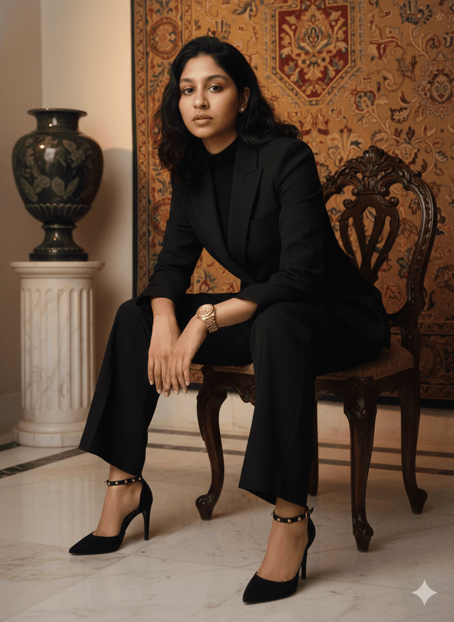 Confident and Luxurious Power Portrait of Female in Black tailored Pantsuit — output