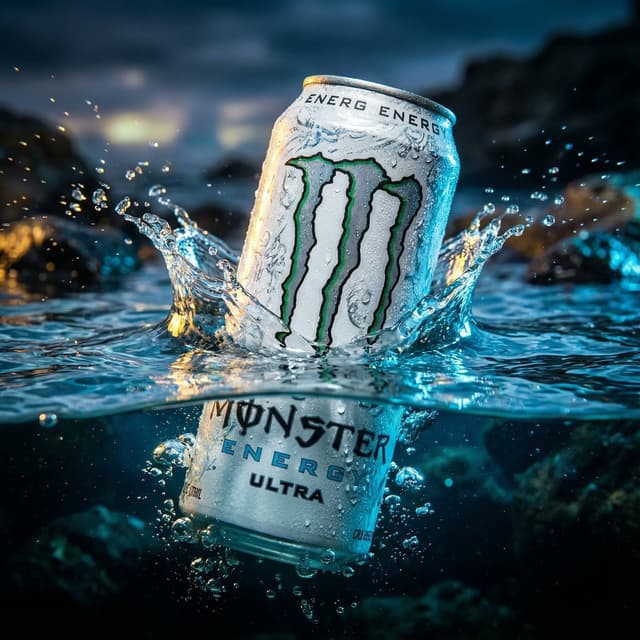 YouTube Thumbnail - Product Ad: White Monster Energy Can Submerged in Water — output