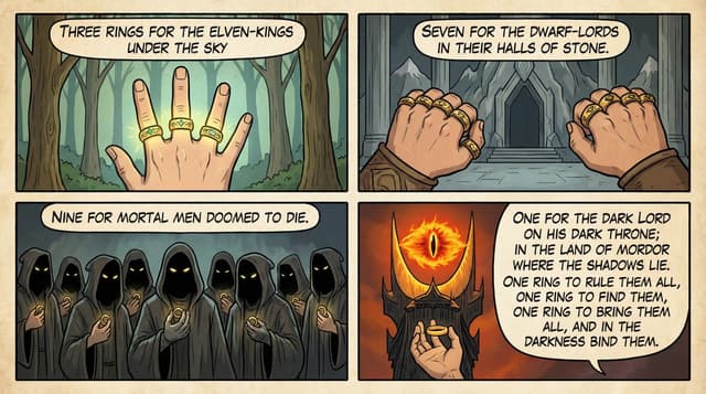 Comic / Storyboard - Cel-Shaded Comic Strip Prompt for LOTR Poem — output