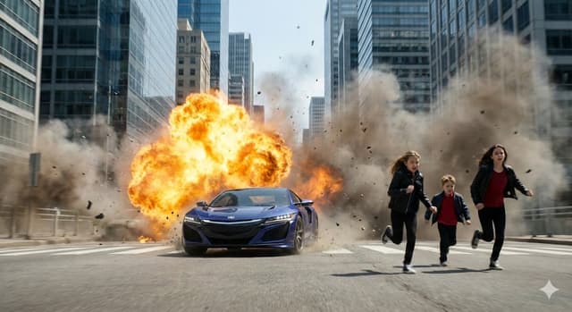 Comic / Storyboard - Cinematic Action Scene: Explosion Behind High-Speed Car — output