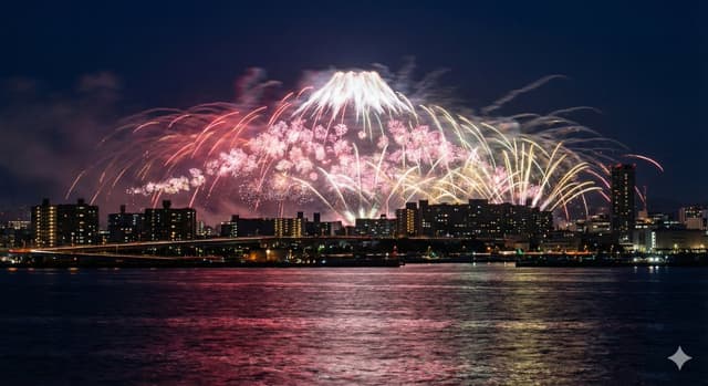 Photorealistic Long-Exposure Fireworks over a City Skyline — output
