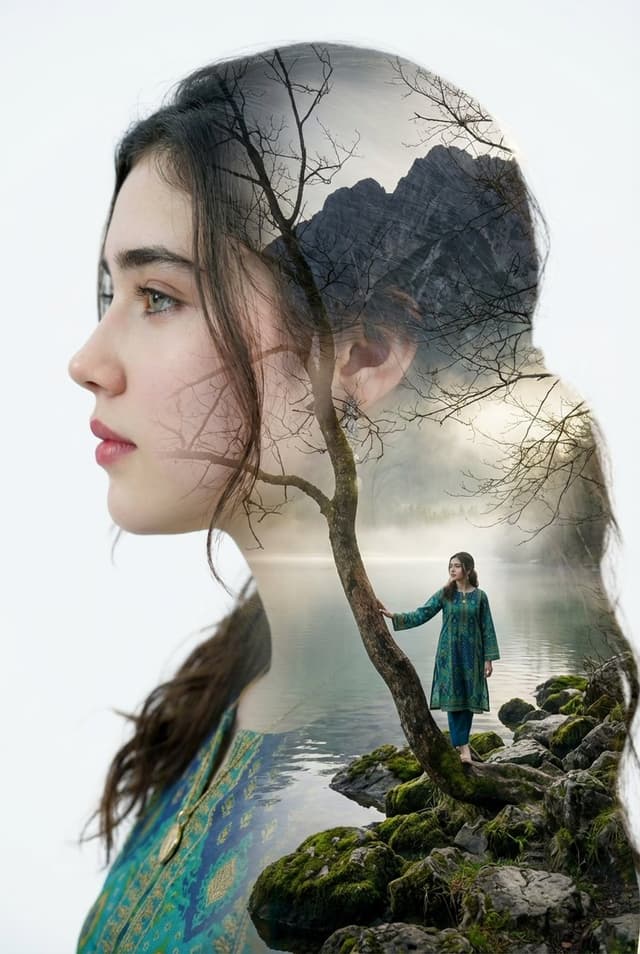 Double Exposure Portrait with Tree Branches and Landscape — output