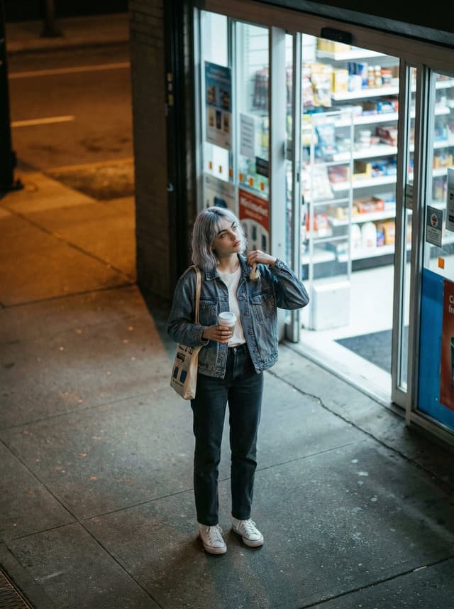 Candid night street fashion photograph with film aesthetic — output