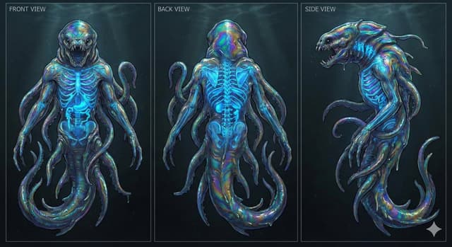 Game Asset - Character Sheet for Deep-Sea Creature with Bioluminescent Skeleton — output