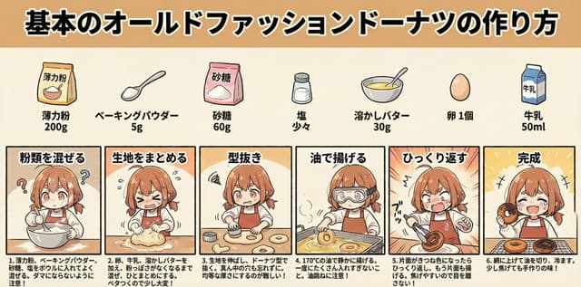 Comic / Storyboard - Infographic Generation for Old-Fashioned Donuts with Character Skill Variation — output