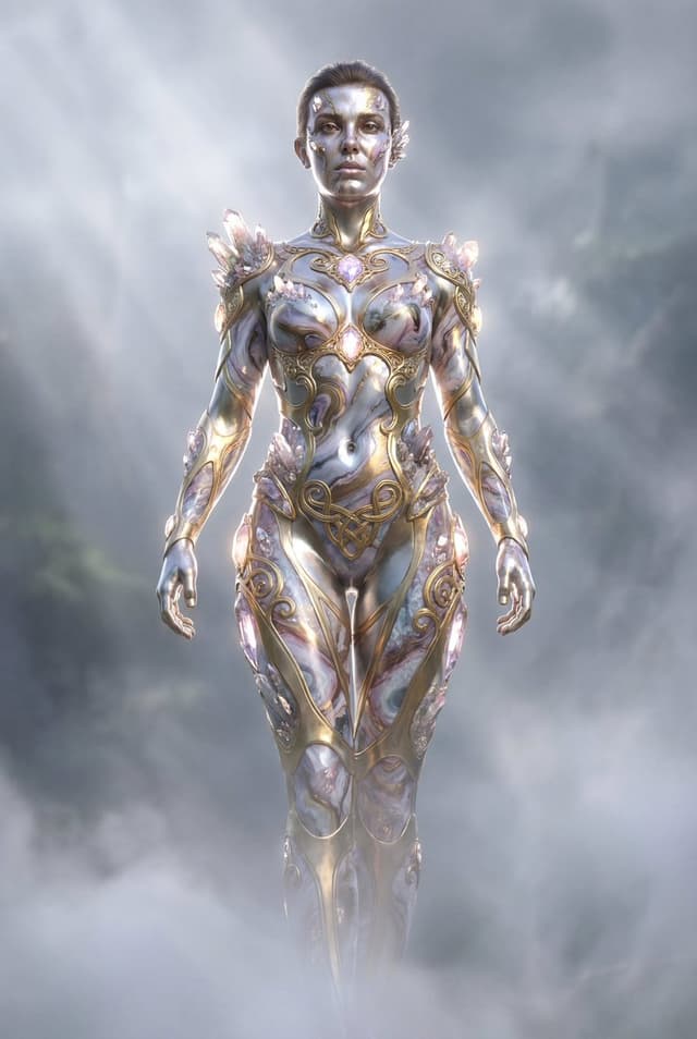 Game Asset - Cinematic fantasy silhouette art with metallic skin prompt — output