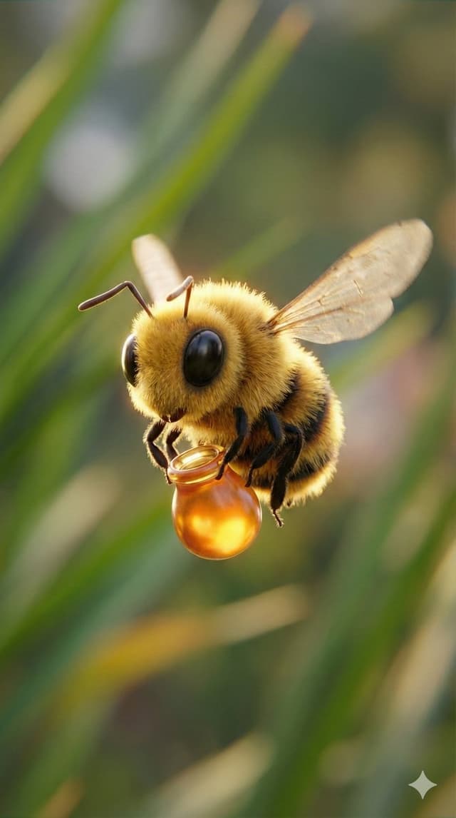 Game Asset - Macro Render of Fuzzy Bee Character with Honey Droplet — output