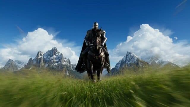 Dramatic low-angle cinematic prompt of a knight charging on a warhorse — cover