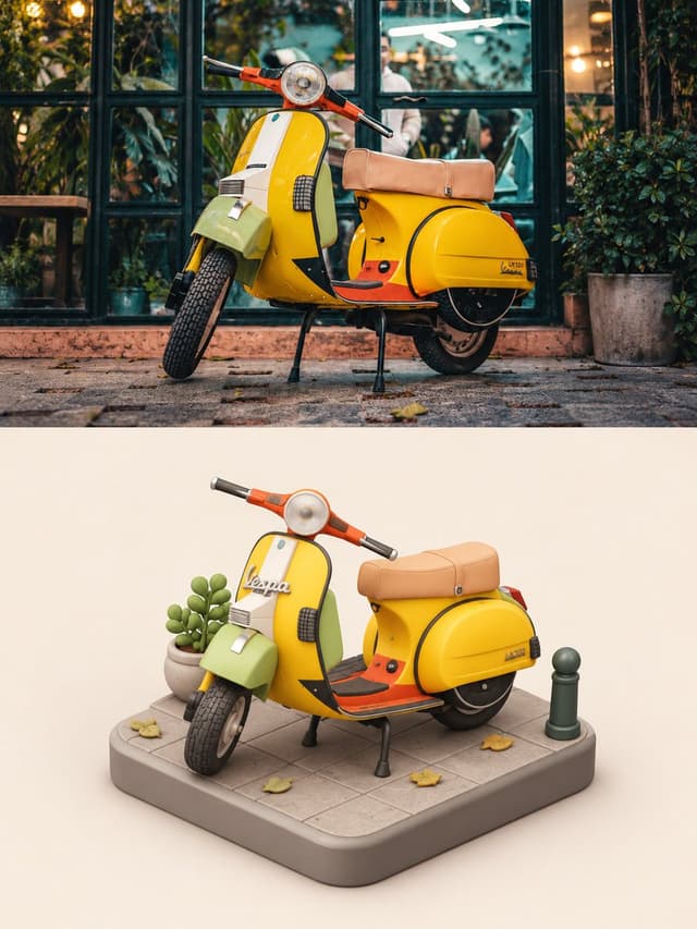 Social Media Post - Vespa Scooter: Real vs Miniature Diorama