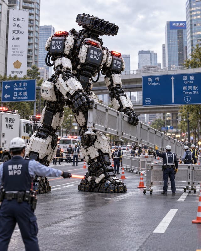 Game Asset - Giant Tokyo Police Robot Barricading Street — output