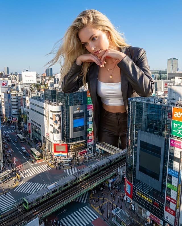 Surreal Giant Woman at Shibuya Crossing Prompt — output