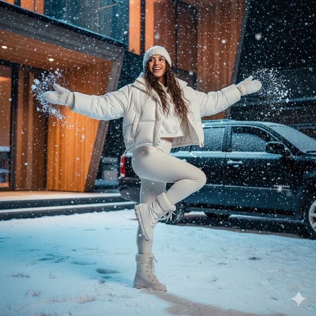 Cinematic Fashion Photo of a Woman Dancing in Heavy Snowfall — output