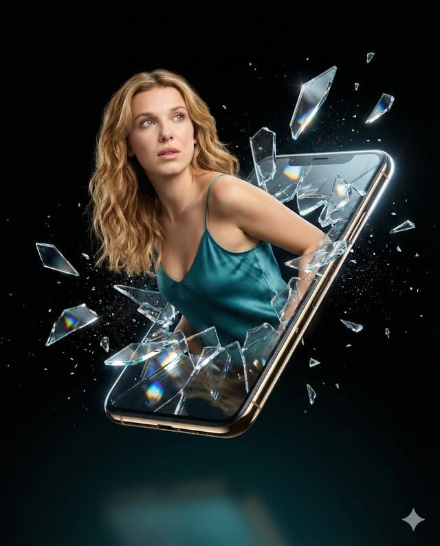 Product Marketing - Millie Bobby Brown Portrait with Exploding Glass Shards — output