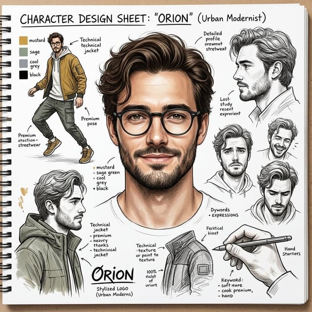 Game Asset - Cinematic Character Design Sketchbook Sheet — output